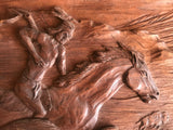 Wooden Relief of Indian, Horse and Buffalo